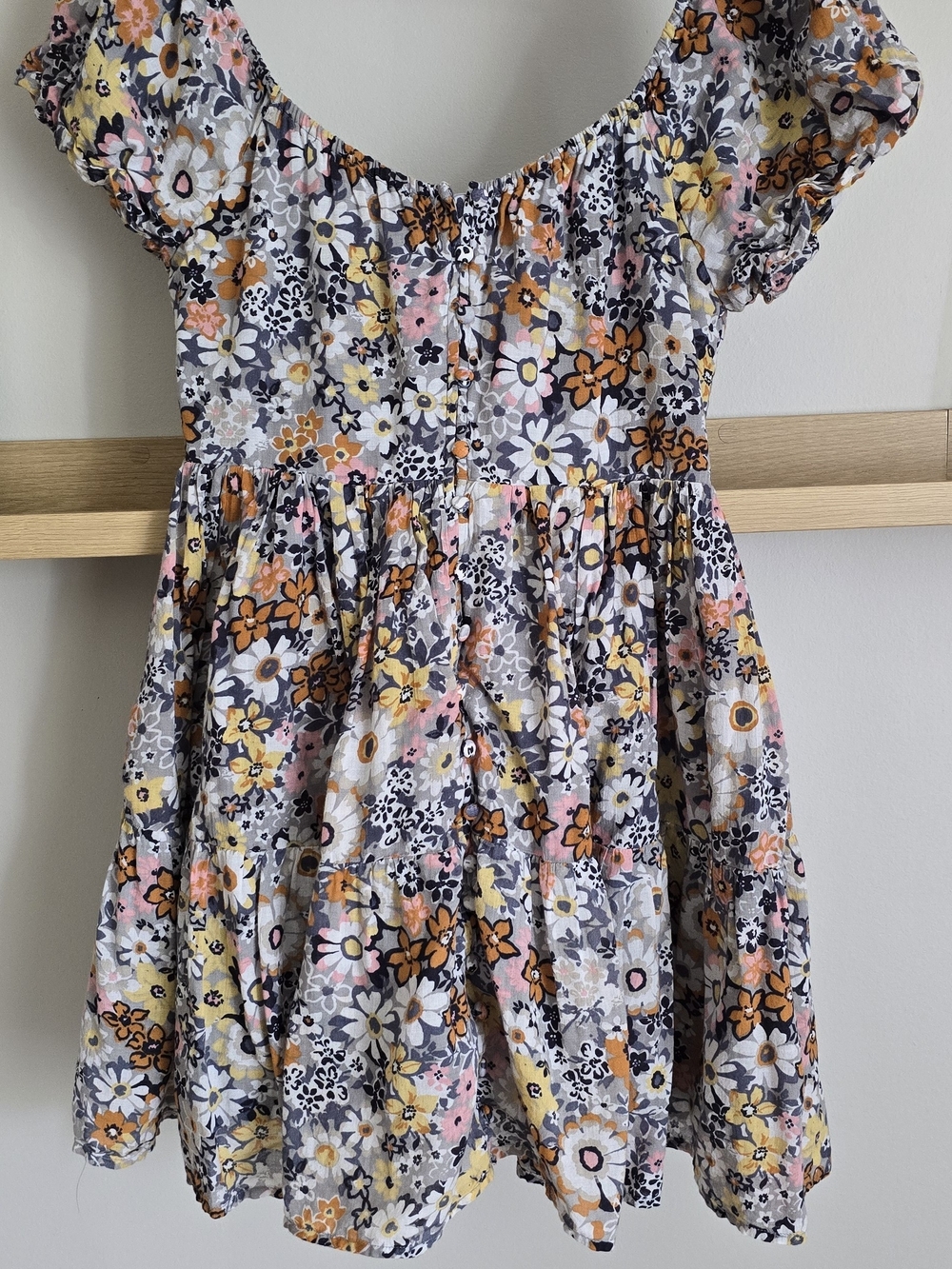 American Eagle Outfitters Floral Puff-Sleeve Mini Dress in Yellow, Pink & Gray